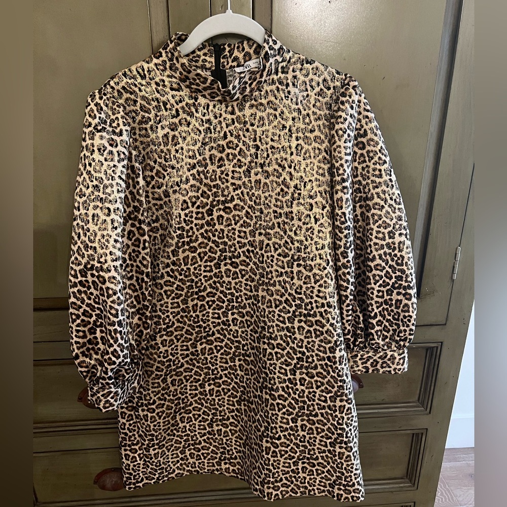 Zara mini leopard print lame dress with puffy sleeves. Size XL